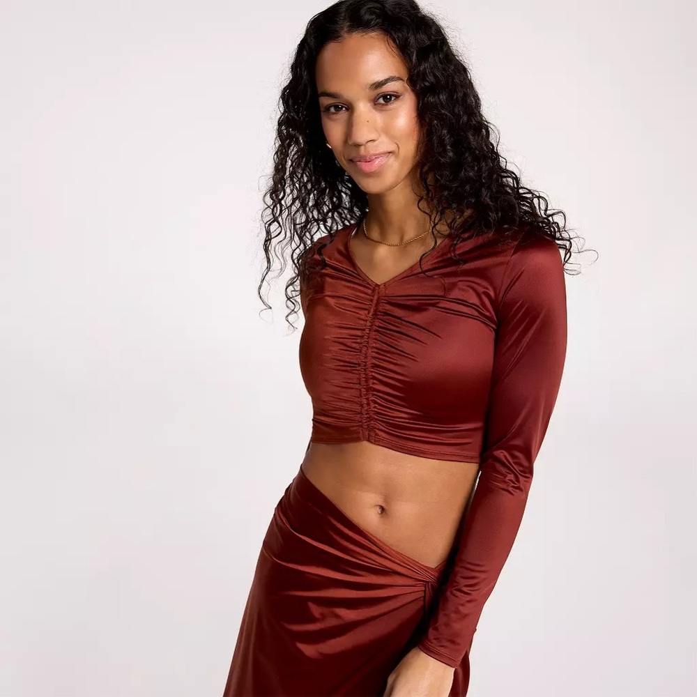 Calia Long Sleeve Brown Crop Top